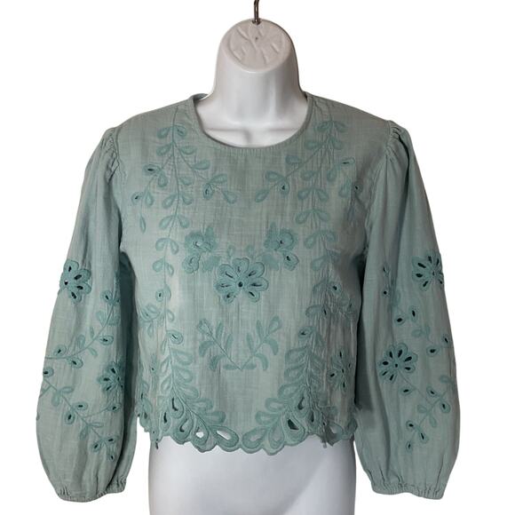 Zara Other - Zara Blue Long Sleeve Embroidered Floral & Leaf lined Cropped Top Juniors 13-14
